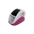 A stress reliever shaped like a stapler, featuring a purple base and a silver top, with a logo on the side.