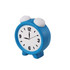 A blue alarm clock-shaped stress reliever with white knobs, featuring a simple clock face design.