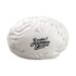 A white brain-shaped stress reliever with a textured surface and a logo on one side.