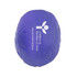 A purple brain-shaped stress reliever with a logo on one side.
