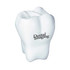 A white tooth-shaped stress reliever with a logo, designed as a fun keyring for stress relief.