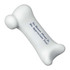 A white stress reliever shaped like a human bone with a rounded end. It features text in dark blue.