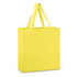A yellow cotton tote bag with two handles and a smooth finish, featuring a logo on one side.