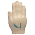 A palm-shaped stress reliever in light beige with a teal logo design.