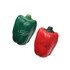 A green and a red capsicum-shaped stress reliever with a logo, both made of soft material.