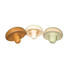 A set of three mushroom-shaped stress relievers in brown, white, and light green. Each features a soft, squishy design.
