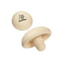 A beige mushroom-shaped stress reliever with a logo on the top. Ideal for fun and relaxation.