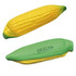 A yellow corn-shaped stress reliever with green accents, featuring a logo. Promotes fun and relaxation.