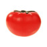A bright red tomato-shaped stress reliever with green detailing at the top and a smooth surface, featuring a logo.