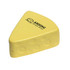 A yellow cheese-shaped stress reliever with a textured surface and a logo on its side.