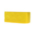 A yellow cheese-shaped stress reliever with a smooth texture and small raised holes, featuring a logo.