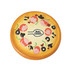 A pizza-shaped stress reliever featuring a variety of toppings, with a yellow crust and a logo in the centre.