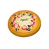 A pizza-shaped stress reliever in yellow with colourful toppings and a logo on top.