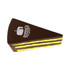 A chocolate cake shaped stress reliever in brown and yellow, featuring a logo on its surface.