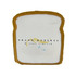 A toast-shaped stress reliever in white and brown, featuring a logo on its surface.