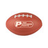 An orange rugby-shaped stress reliever with white detailing and a logo.