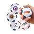 A hand squeezes a round, white and blue football-shaped stress reliever featuring a logo, among several others.