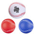 A set of three baseball-shaped stress relievers in red, blue, and white, featuring a logo on the white ball.