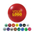 A red 50mm ball-shaped stress reliever with a logo, alongside various coloured stress balls in a lineup.