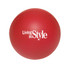 A red 50mm ball-shaped stress reliever with a logo.