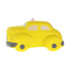 A yellow taxi-shaped stress reliever with black detailing and a roof light. It features a simple design and has a logo.
