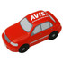 A red sedan car-shaped stress reliever featuring a logo on top. It has detailing for windows and wheels.
