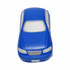 A blue sedan car-shaped stress reliever with a smooth finish and white accents. It also has branding.