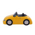 A yellow sports car-shaped stress reliever with black wheels and seating. It has a smooth, glossy finish.