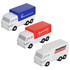 Three miniature truck-shaped stress relievers in blue, red, and white, featuring various branding designs.