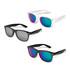Malibu Premium Sunglasses in black and white frames with mirror lenses in shades of blue and purple. Includes logo.
