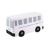 A white bus-shaped stress reliever with grey accents and black wheels, featuring a branding logo.