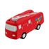 A red fire truck-shaped stress reliever with black wheels and silver detailing on top, featuring a logo.