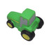 A green tractor-shaped stress reliever with yellow wheels and grey details. It features a logo on its surface.