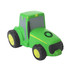 A green tractor-shaped stress reliever with yellow wheels and a logo on one side.