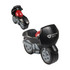 A black and grey motorbike-shaped stress reliever with red details and a logo on its side.