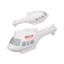 A white helicopter-shaped stress reliever with a grey windscreen and a logo on the side.