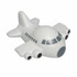 A white aircraft-shaped stress reliever with grey detailing, featuring multiple engines and a rounded nose.