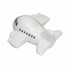 A white aircraft-shaped stress reliever with black detailing, featuring a logo on the surface.