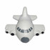 A white aircraft-shaped stress reliever with grey accents and black details. It features three engines and a logo.