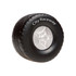 A black tire-shaped stress reliever featuring a silver wheel, with a logo on the side.