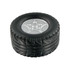 A black rubber stress reliever shaped like a tyre, with a silver wheel rim design on top.