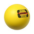 A yellow baseball-shaped stress reliever featuring a logo. Smooth surface suitable for squeezing.