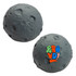 A grey moon-shaped stress reliever with textured details, featuring a colourful logo on one side.