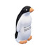 A black and white penguin-shaped stress reliever with a logo on its front.