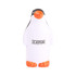 A white penguin-shaped stress reliever with orange features and a logo on its body.