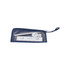 A navy pencil case containing a ruler, protractor, and eraser, with a logo on the case.