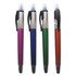 A set of four ball pens with highlighters in purple, blue, green, and orange, each featuring a stylus tip.