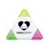A triangular highlighter pen in yellow, green, and pink with a logo on one side.