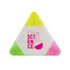A triangular highlighter pen in yellow, pink, and green with a logo.