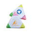 A triangular highlighter pen featuring pink, green, yellow, and orange ends, with logos on two sides.